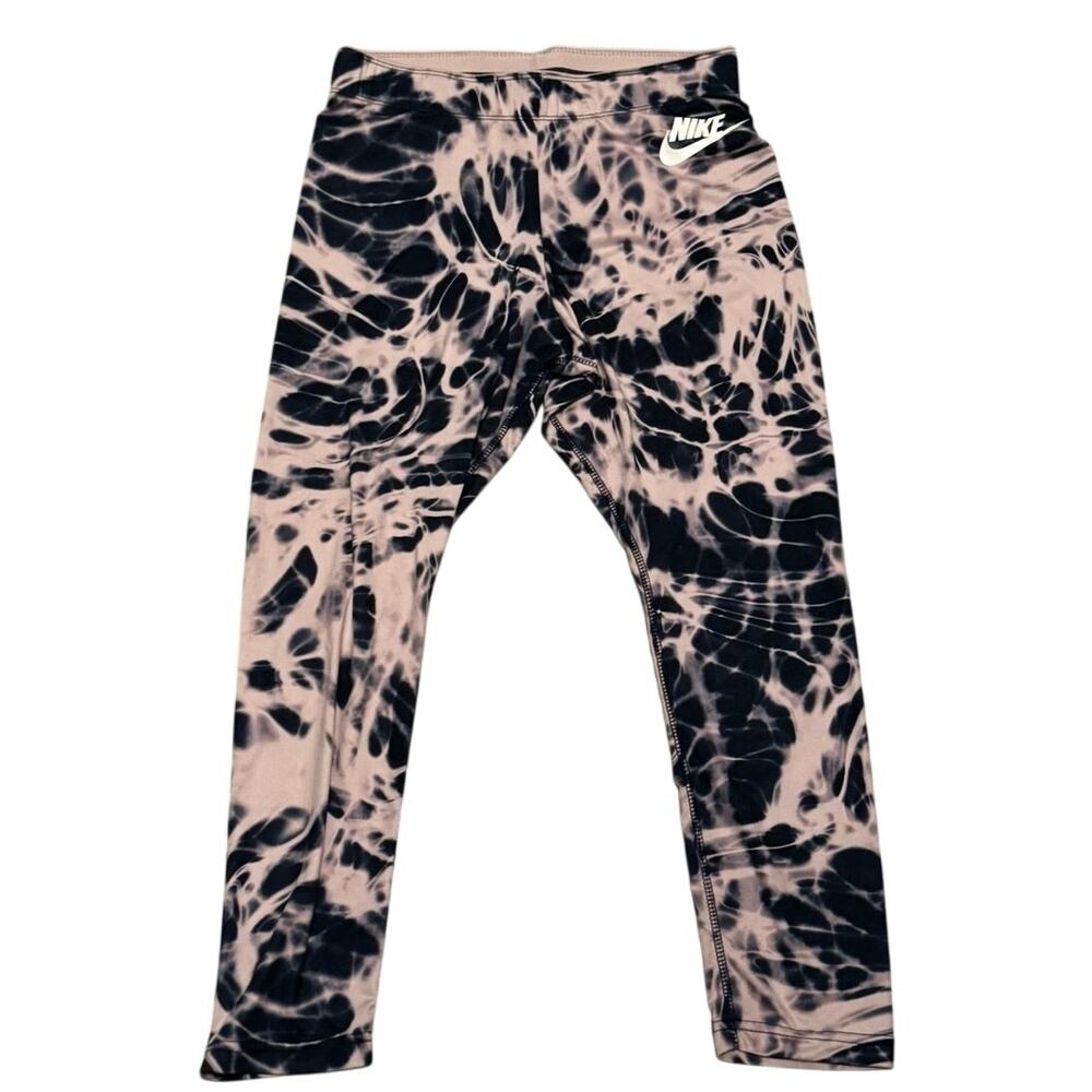 Nike Women's Black Pink Tie Dye Mid Rise Elastic Waist Cropped Leggings Sz Small